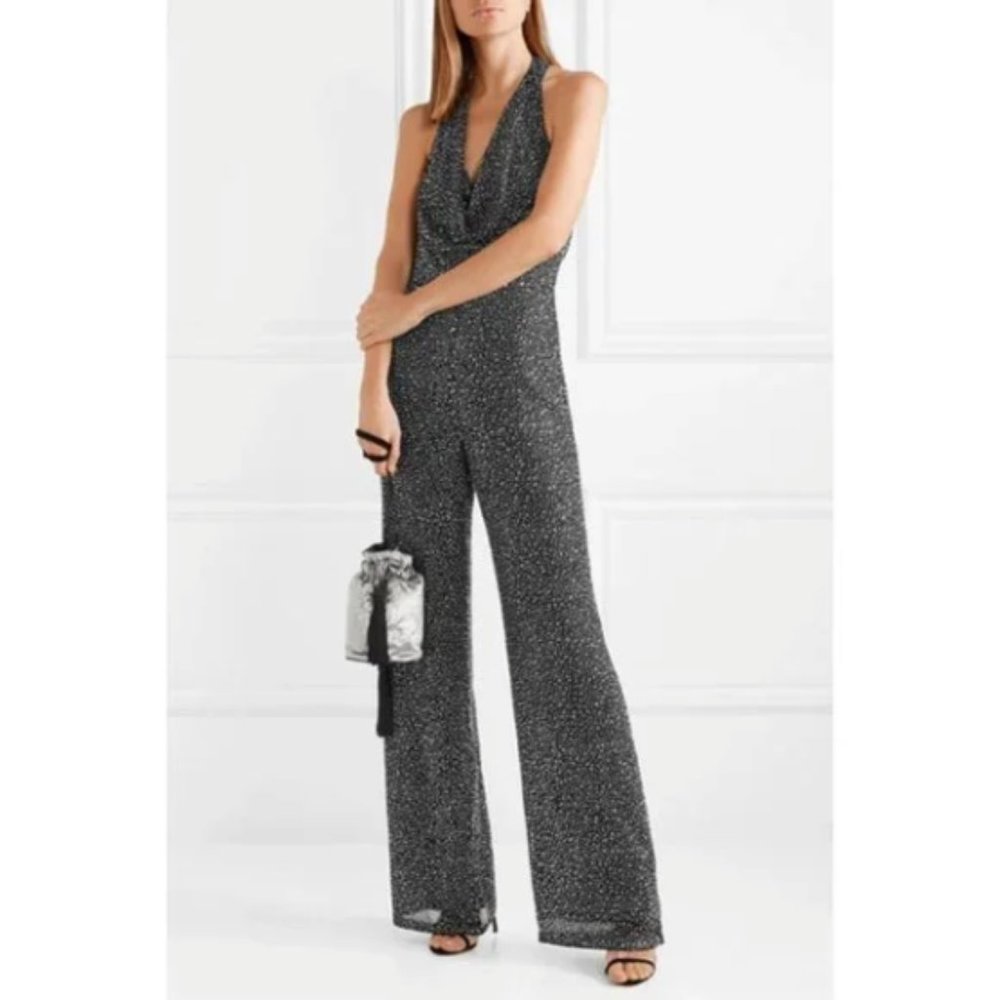 ALICE + OLIVIA Disco Diamonds Mercury Sparkle Crepe Halterneck Jumpsuit Size 0